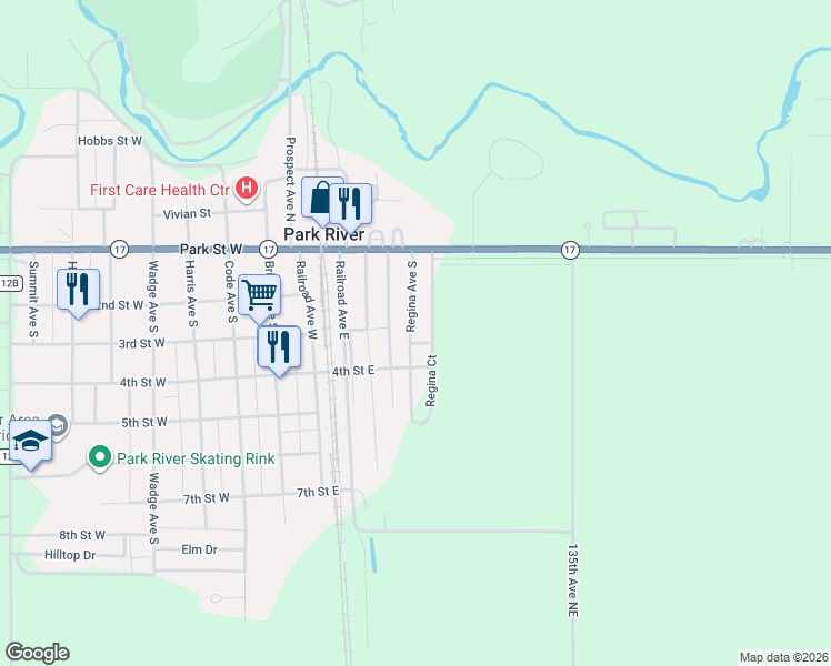 map of restaurants, bars, coffee shops, grocery stores, and more near Regina Court in Park River