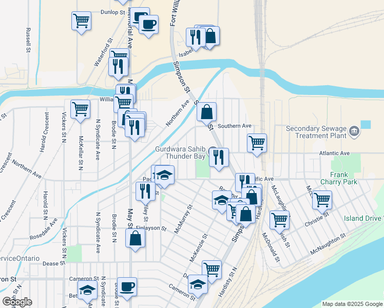 map of restaurants, bars, coffee shops, grocery stores, and more near 839 Minnesota Street in Thunder Bay