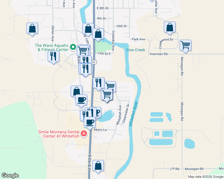 map of restaurants, bars, coffee shops, grocery stores, and more near 6475 U.S. 93 South in Whitefish