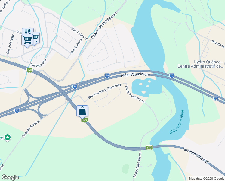 map of restaurants, bars, coffee shops, grocery stores, and more near 1906 Rue Gabrielle B. Grimard in Saguenay