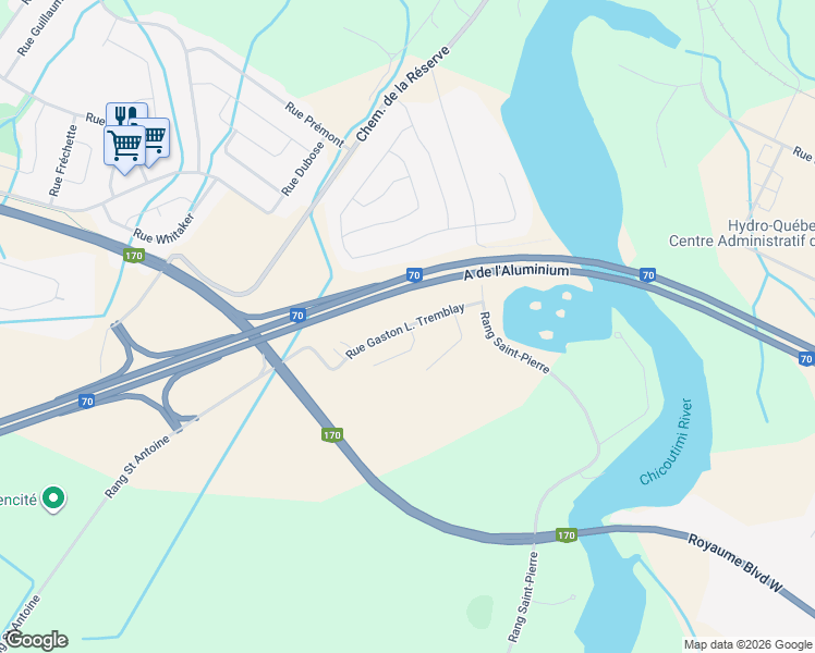 map of restaurants, bars, coffee shops, grocery stores, and more near Rue Gaston L. Tremblay in Saguenay