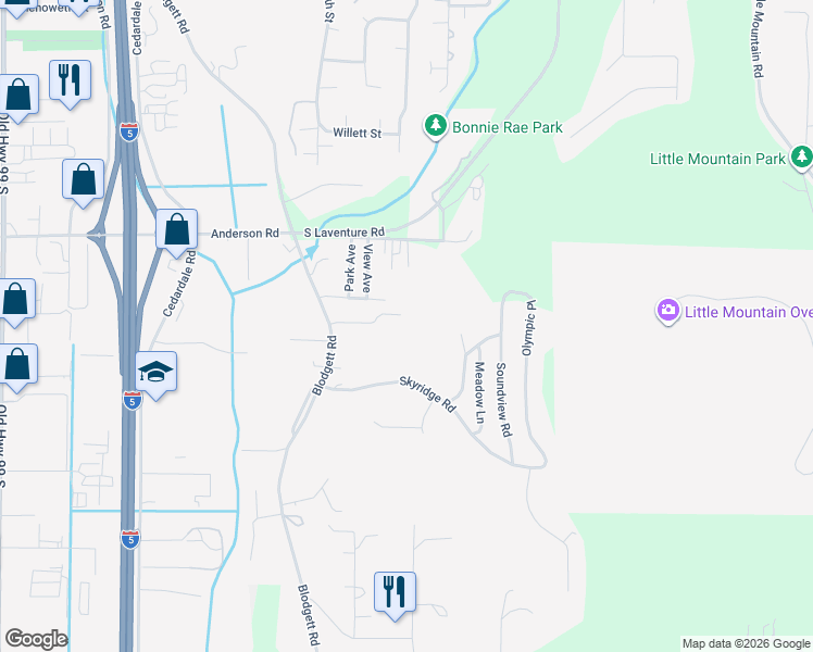 map of restaurants, bars, coffee shops, grocery stores, and more near 19683 West Ridge Lane in Mount Vernon