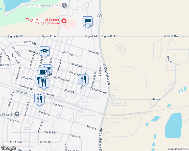 map of restaurants, bars, coffee shops, grocery stores, and more near 322 4th Street Northeast in Tioga