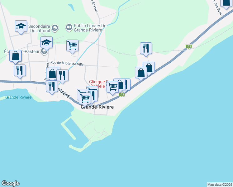 map of restaurants, bars, coffee shops, grocery stores, and more near 178 Grande Allée Est in Grande-Rivière