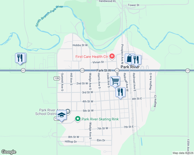 map of restaurants, bars, coffee shops, grocery stores, and more near in Park River