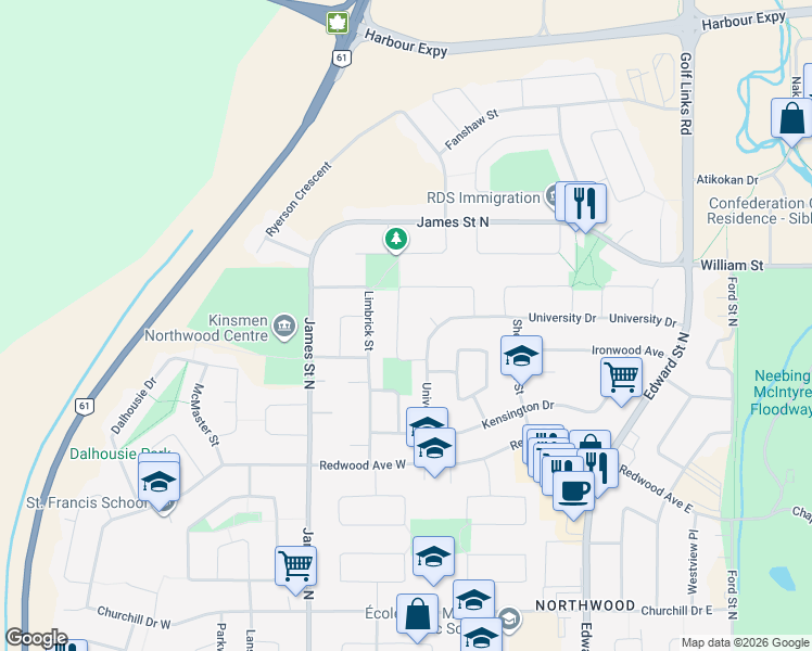 map of restaurants, bars, coffee shops, grocery stores, and more near 178 Inglewood Crescent in Thunder Bay