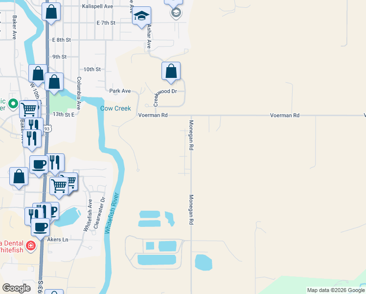 map of restaurants, bars, coffee shops, grocery stores, and more near 1180 Voerman Rd in Whitefish