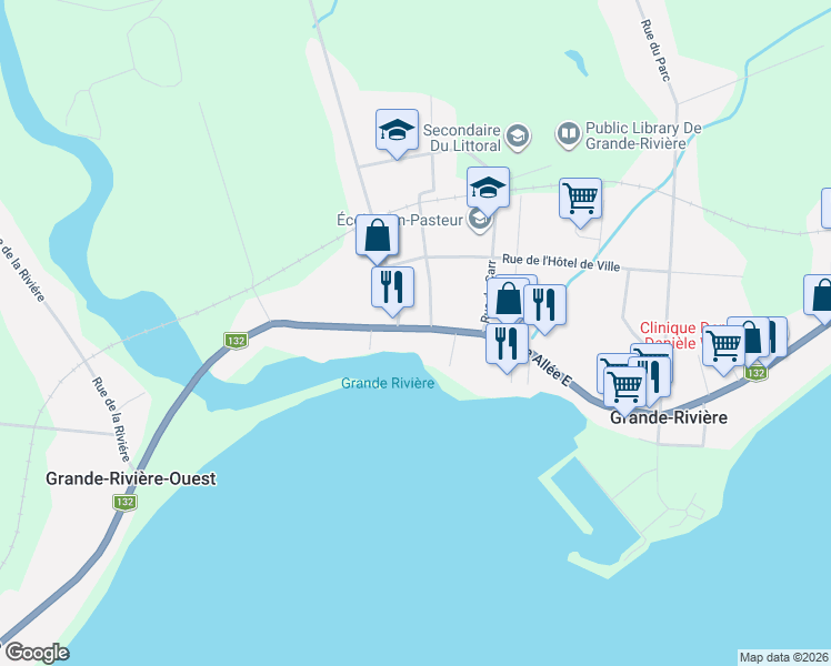 map of restaurants, bars, coffee shops, grocery stores, and more near 65 Grande Allée Est in Grande-Rivière