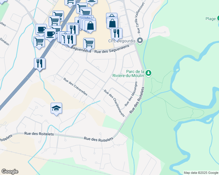 map of restaurants, bars, coffee shops, grocery stores, and more near 657 Rue des Perdrix in Saguenay