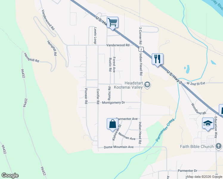 map of restaurants, bars, coffee shops, grocery stores, and more near 307 Rustic Road in Libby