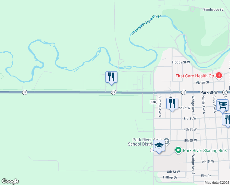 map of restaurants, bars, coffee shops, grocery stores, and more near 901-999 Park Street West in Park River