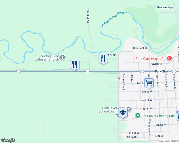 map of restaurants, bars, coffee shops, grocery stores, and more near Park Street West in Park River