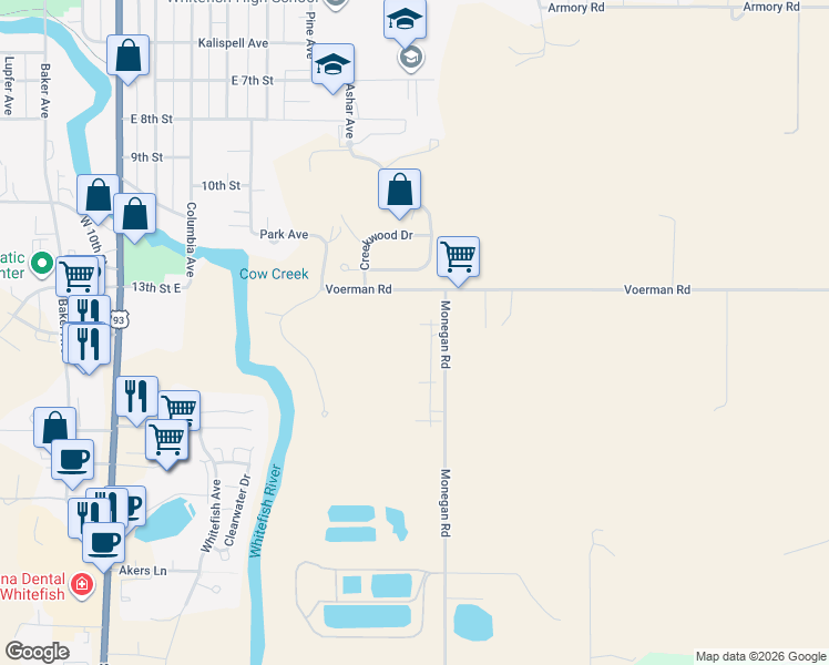 map of restaurants, bars, coffee shops, grocery stores, and more near 1180 Voerman Road in Whitefish
