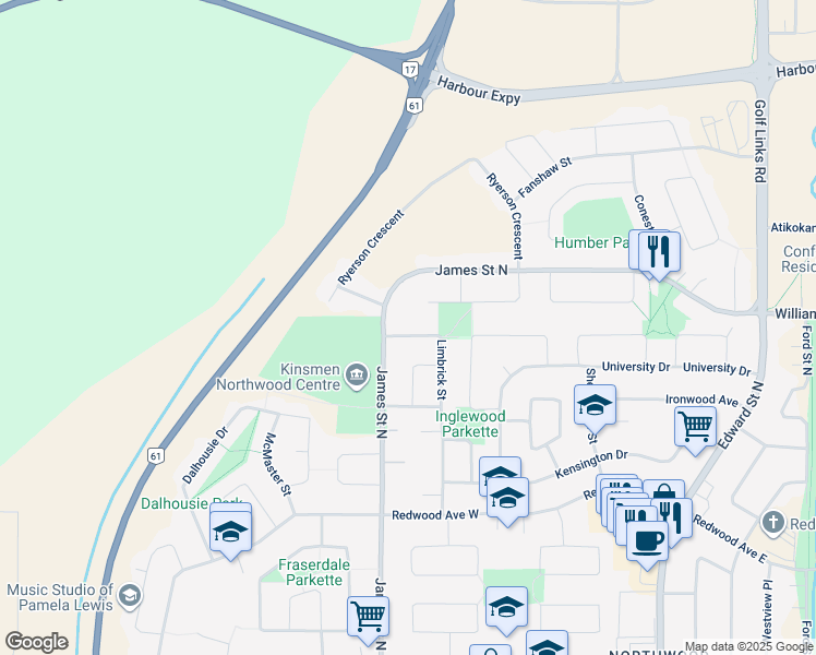 map of restaurants, bars, coffee shops, grocery stores, and more near 197 Limbrick Street in Thunder Bay