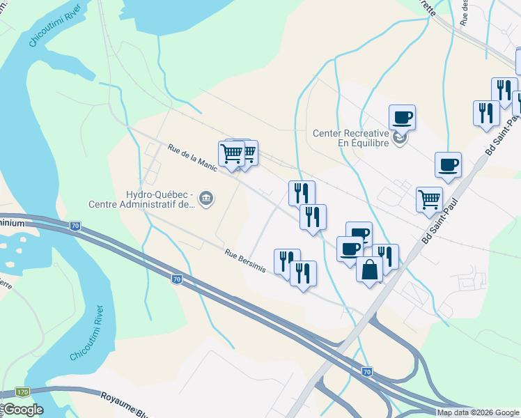 map of restaurants, bars, coffee shops, grocery stores, and more near 1846 Rue des Outardes in Saguenay