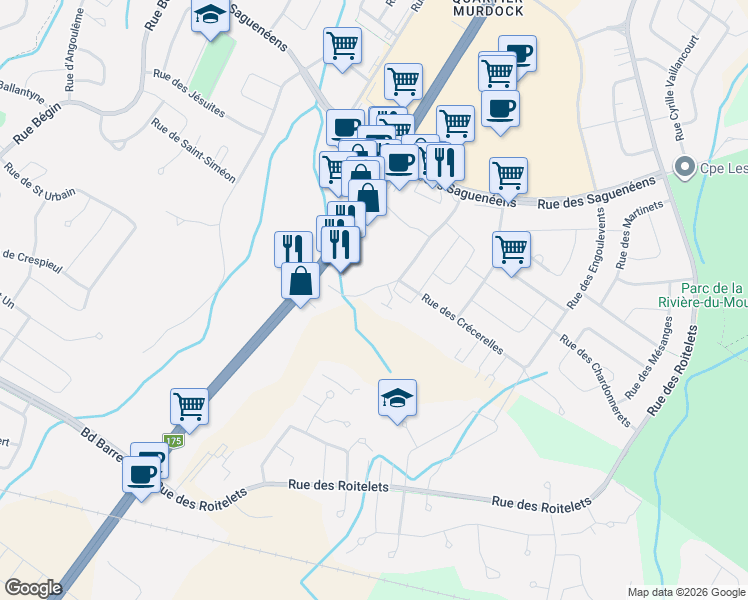 map of restaurants, bars, coffee shops, grocery stores, and more near 1659 Rue des Grands-Ducs in Saguenay