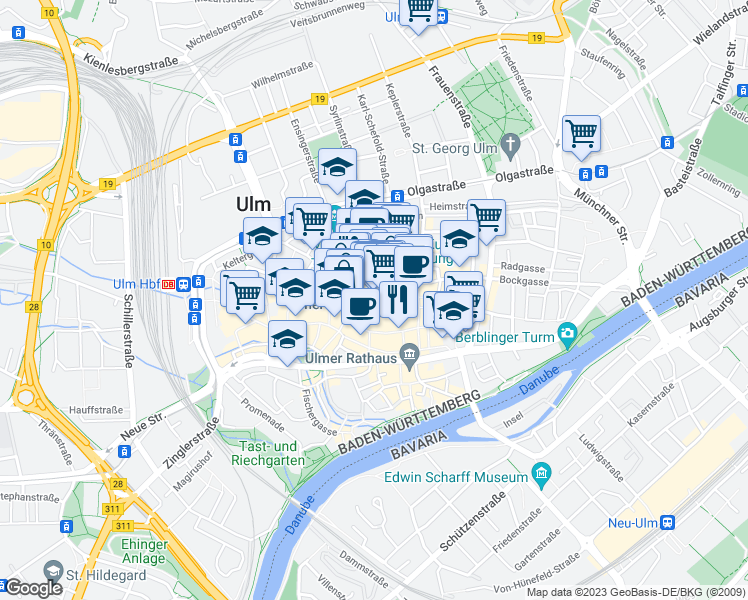 map of restaurants, bars, coffee shops, grocery stores, and more near Münsterplatz in Ulm