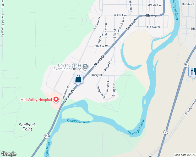 map of restaurants, bars, coffee shops, grocery stores, and more near 702 Ridge Place in Omak