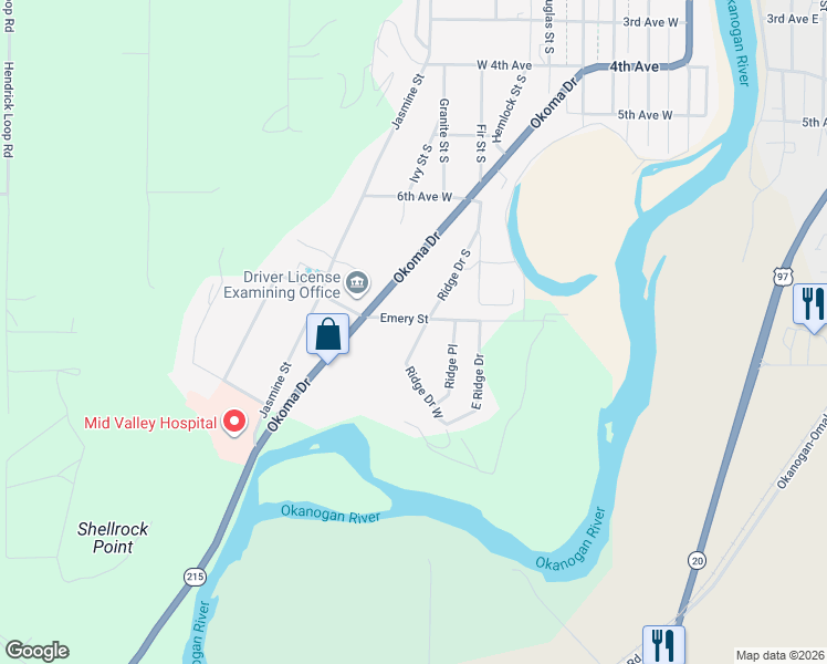 map of restaurants, bars, coffee shops, grocery stores, and more near 702 Ridge Place in Omak