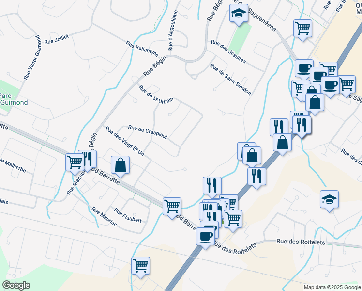 map of restaurants, bars, coffee shops, grocery stores, and more near 1628 Rue des Explorateurs in Chicoutimi