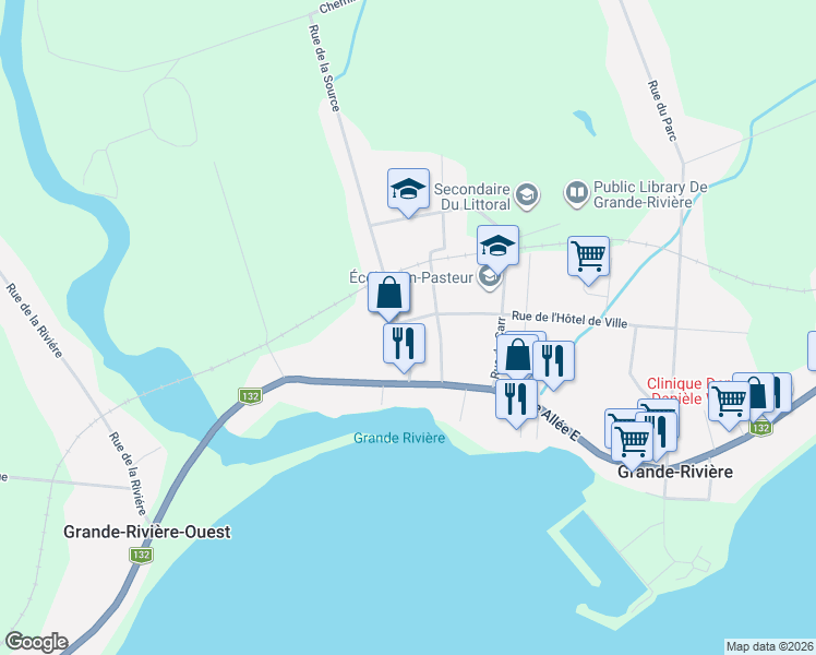 map of restaurants, bars, coffee shops, grocery stores, and more near 96 Rue de la Source in Grande-Rivière
