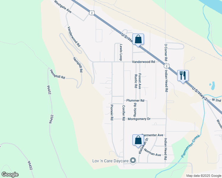 map of restaurants, bars, coffee shops, grocery stores, and more near 173 Pioneer Road in Libby