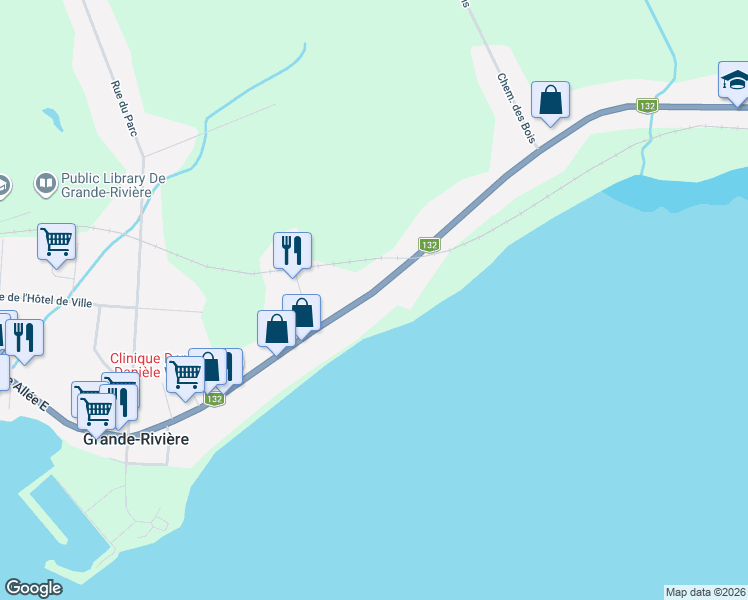 map of restaurants, bars, coffee shops, grocery stores, and more near 245 Grande Allée Est in Grande-Rivière