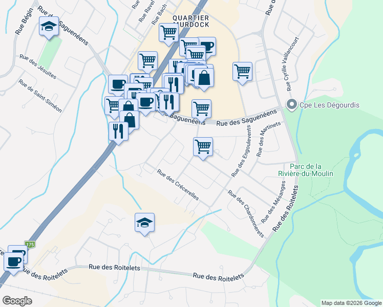 map of restaurants, bars, coffee shops, grocery stores, and more near 1600 Rue des Sittelles in Saguenay