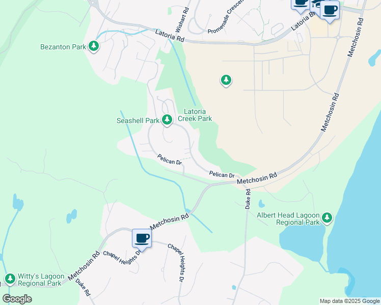 map of restaurants, bars, coffee shops, grocery stores, and more near Pelican Drive in Colwood