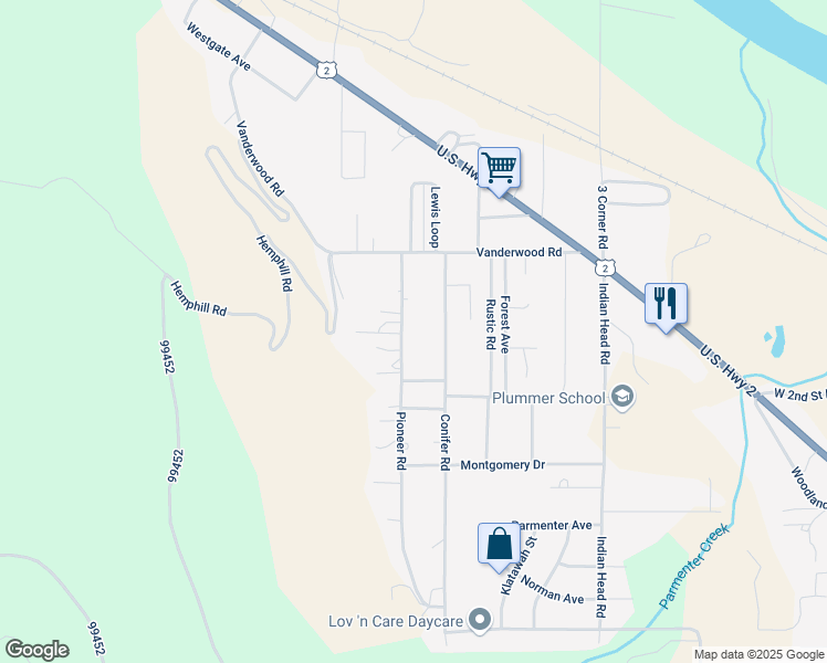 map of restaurants, bars, coffee shops, grocery stores, and more near 173 Pioneer Road in Libby