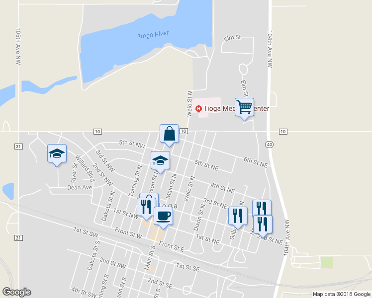 map of restaurants, bars, coffee shops, grocery stores, and more near 513 Main Street North in Tioga