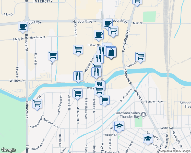 map of restaurants, bars, coffee shops, grocery stores, and more near 1186 Memorial Avenue in Thunder Bay