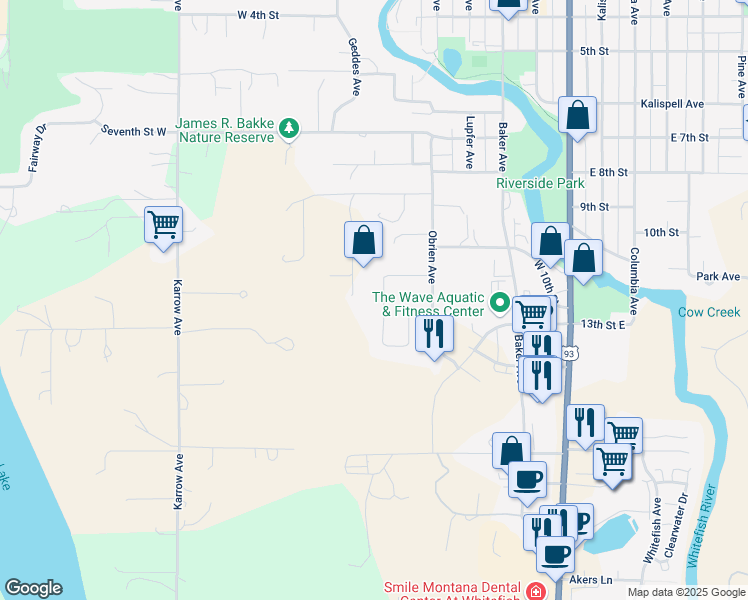 map of restaurants, bars, coffee shops, grocery stores, and more near 332 Sawtooth Drive in Whitefish