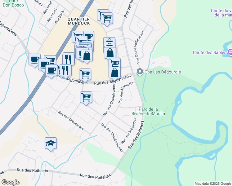 map of restaurants, bars, coffee shops, grocery stores, and more near 1541 Rue des Engoulevents in Saguenay