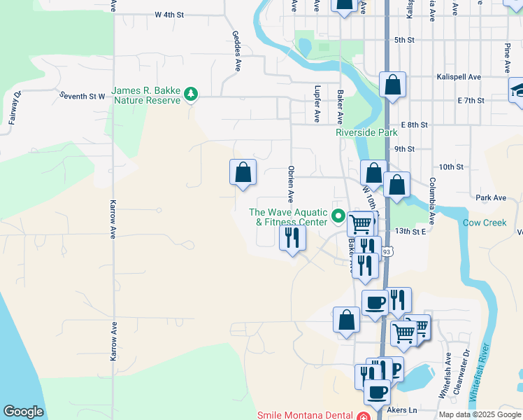 map of restaurants, bars, coffee shops, grocery stores, and more near 332 Sawtooth Drive in Whitefish