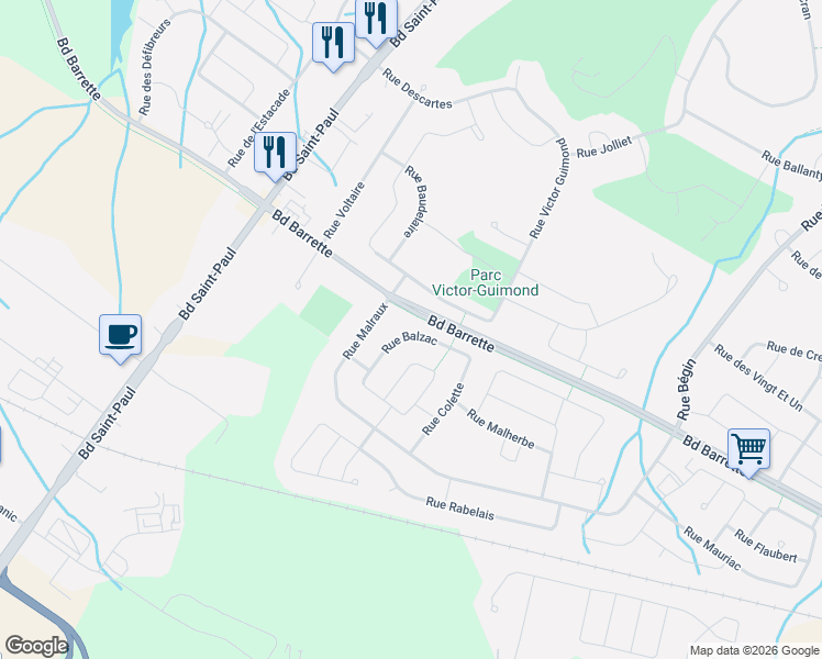 map of restaurants, bars, coffee shops, grocery stores, and more near 629 Rue Balzac in Saguenay