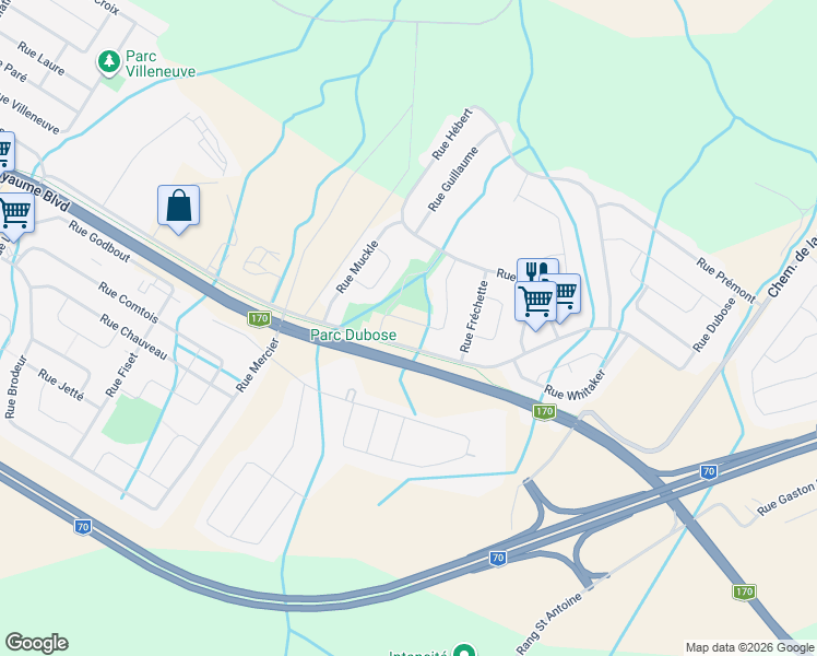 map of restaurants, bars, coffee shops, grocery stores, and more near 2529 Rue Potvin in Saguenay