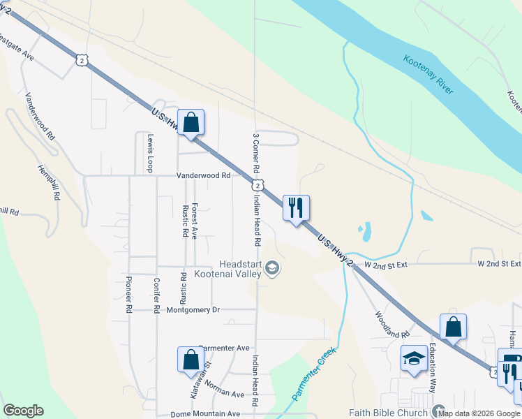 map of restaurants, bars, coffee shops, grocery stores, and more near 88 Indian Head Road in Libby