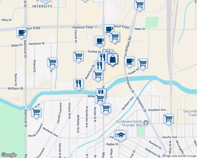 map of restaurants, bars, coffee shops, grocery stores, and more near 1186 Memorial Avenue in Thunder Bay