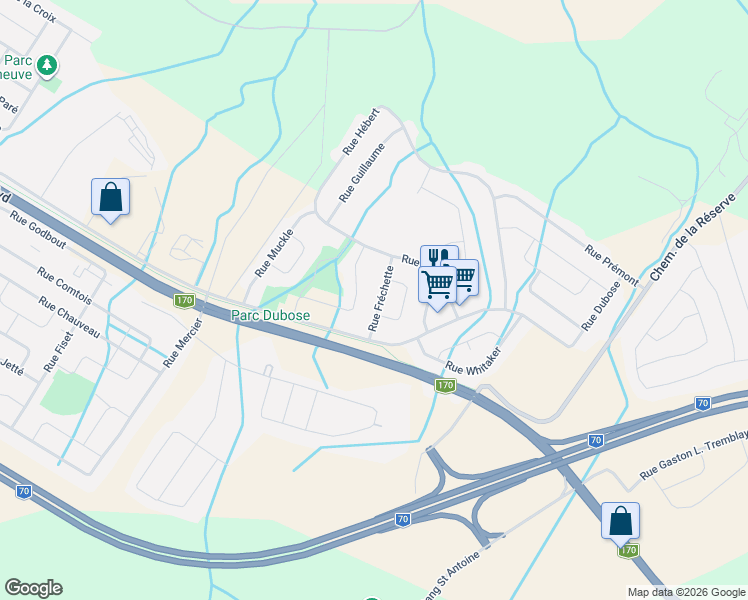 map of restaurants, bars, coffee shops, grocery stores, and more near 2504 Rue Fréchette in Saguenay