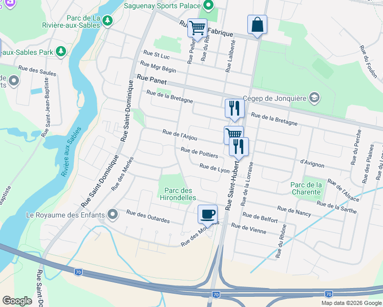 map of restaurants, bars, coffee shops, grocery stores, and more near 3929 Rue de Poitiers in Saguenay
