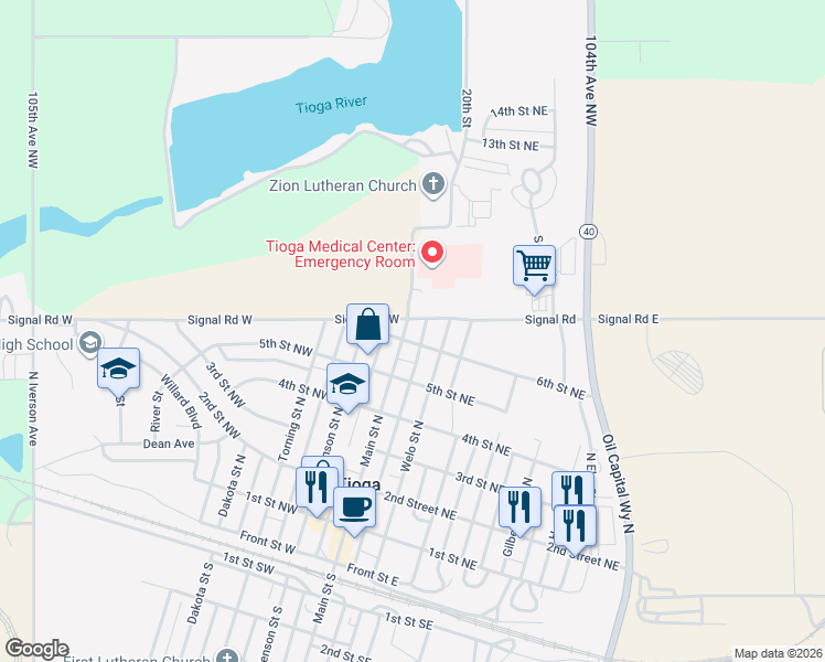 map of restaurants, bars, coffee shops, grocery stores, and more near 513 North Main Street in Tioga