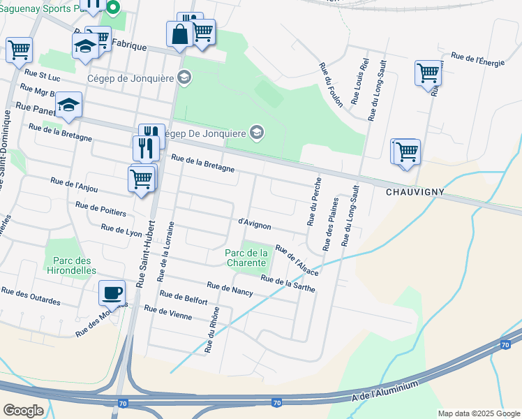 map of restaurants, bars, coffee shops, grocery stores, and more near 3763 Rue de Montauban in Saguenay