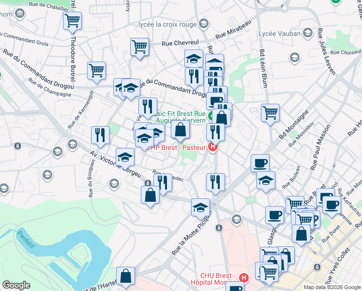 map of restaurants, bars, coffee shops, grocery stores, and more near in Brest