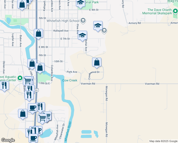 map of restaurants, bars, coffee shops, grocery stores, and more near 1012-1014 Creekview Drive in Whitefish