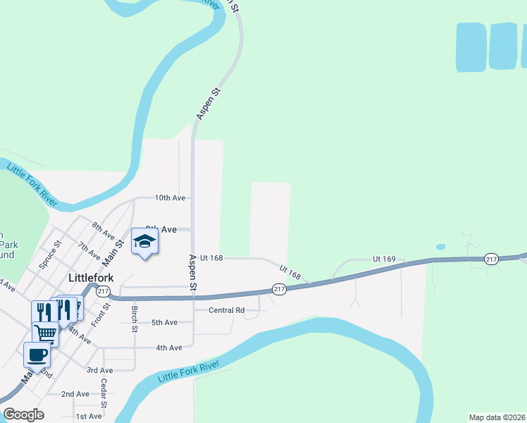 map of restaurants, bars, coffee shops, grocery stores, and more near 1505 8th Avenue in Littlefork