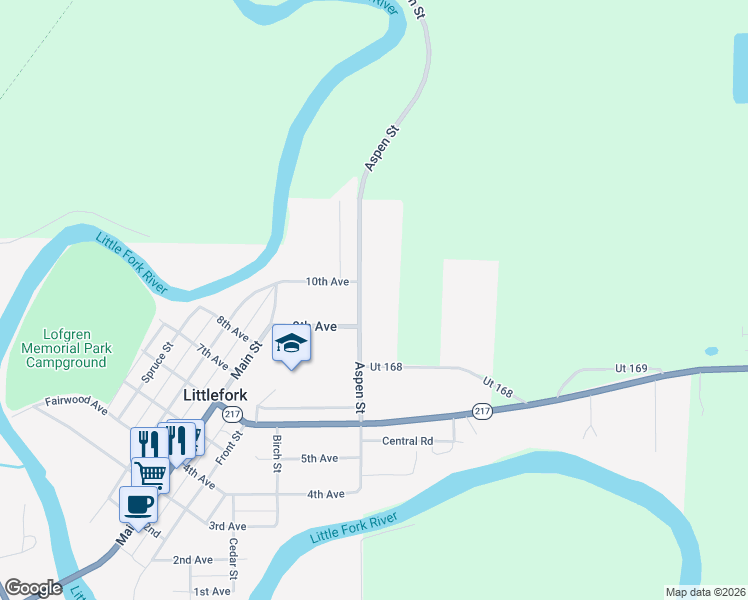 map of restaurants, bars, coffee shops, grocery stores, and more near 924 Aspen Street in Littlefork