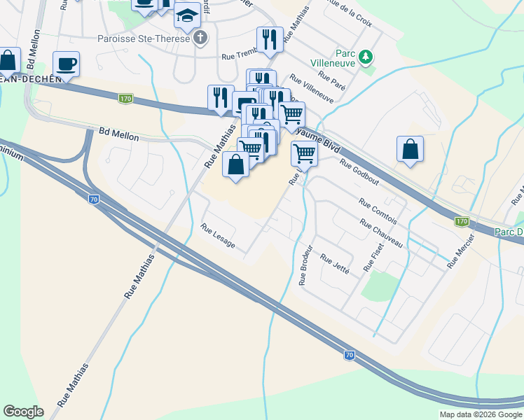 map of restaurants, bars, coffee shops, grocery stores, and more near 2440 Rue Langelier in Saguenay