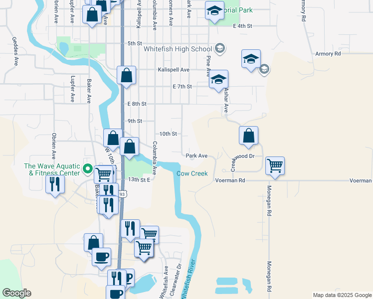 map of restaurants, bars, coffee shops, grocery stores, and more near 1013 Park Avenue in Whitefish