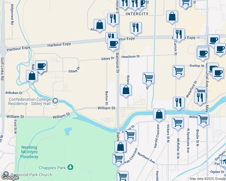 map of restaurants, bars, coffee shops, grocery stores, and more near 1165 Barton Street in Thunder Bay
